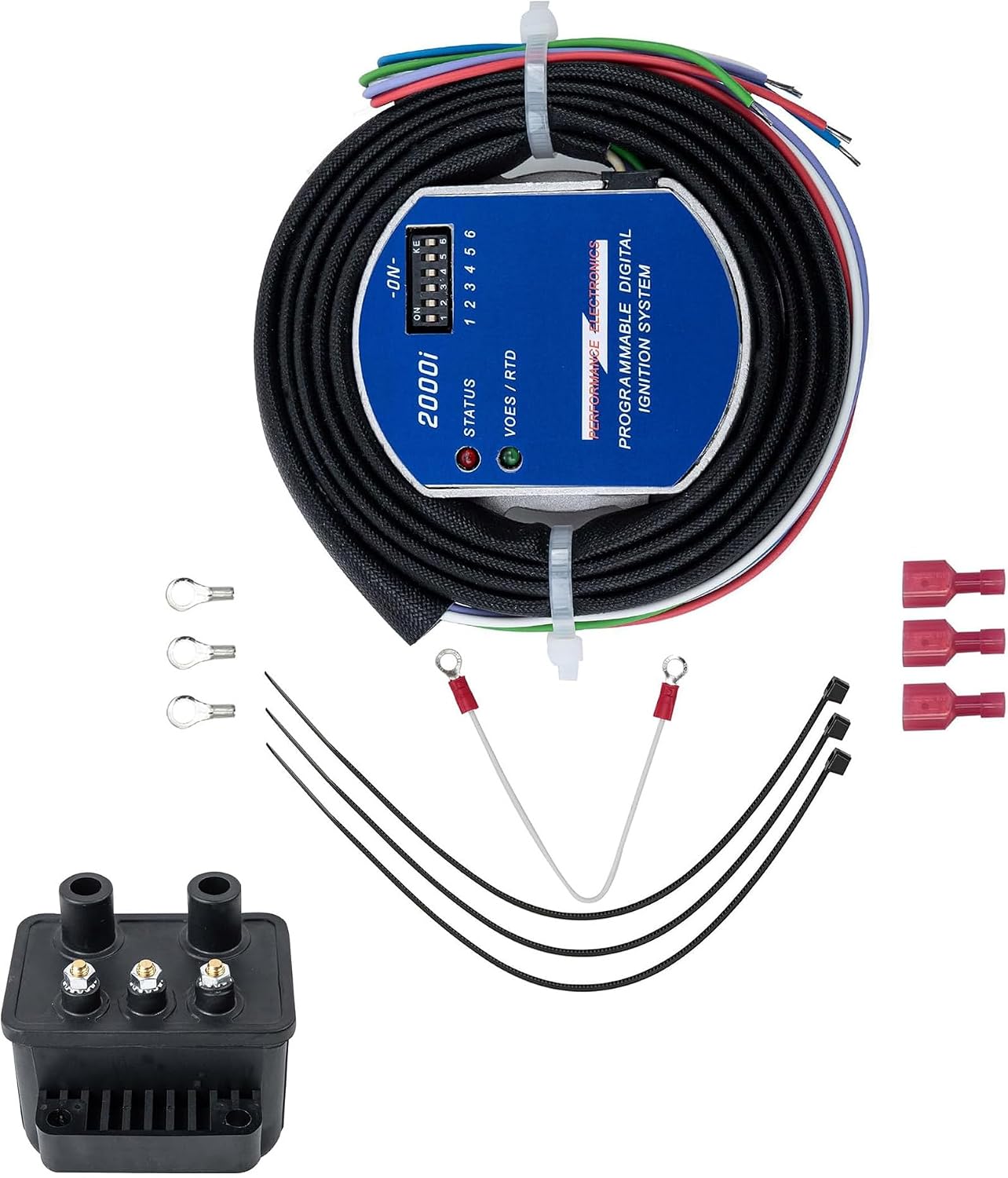 Ignition Coil Kit Compatible with Harley Davidson 1970-1999 Carbureted Models, D2Ki-5P 2000i Electronic Ignition Module with D2Ki-1P & DC6-5 Coil, Programmable