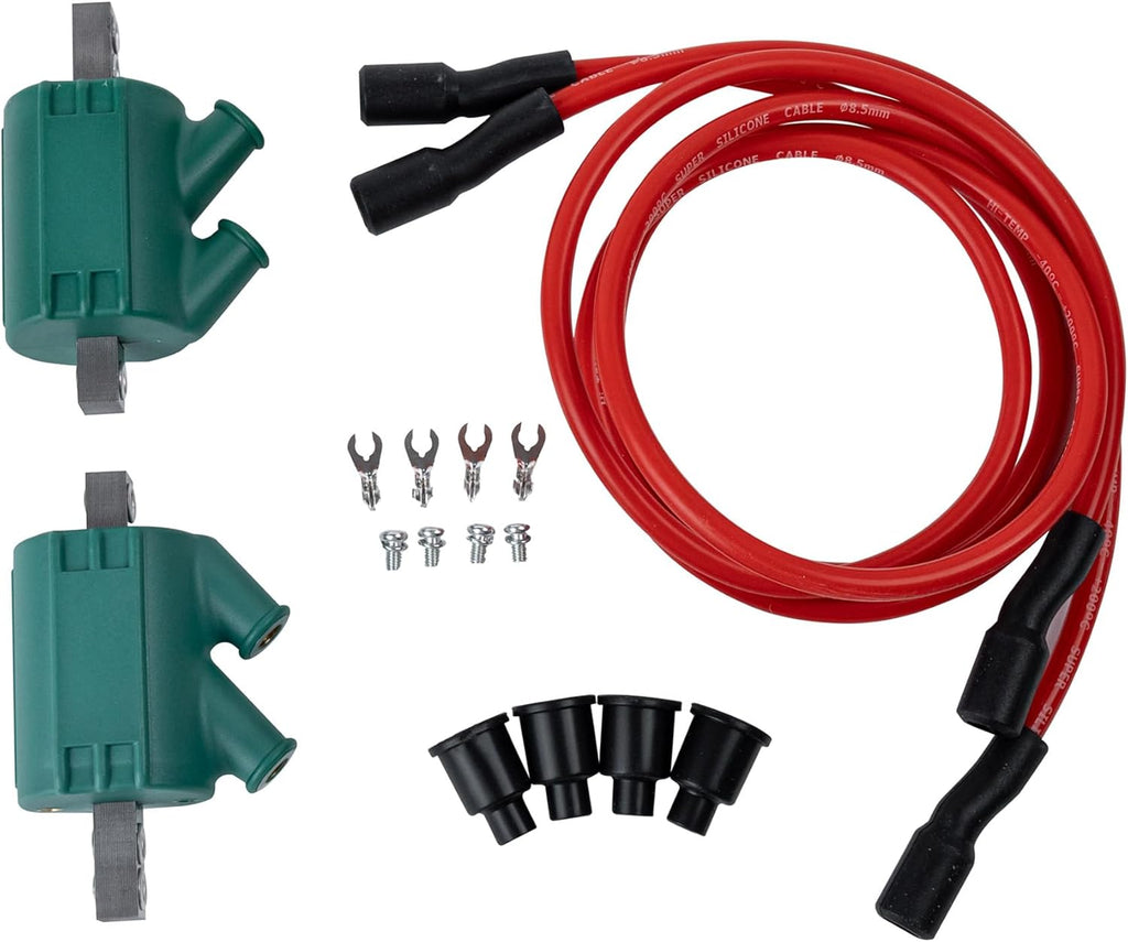 3 Ohm Dual Output Ignition Coil with 7mm Red Wires, Compatible with Harley-Davidson Dyna DC1-1 DW-300, for Motorcycles Point or Electronic Ignition Systems